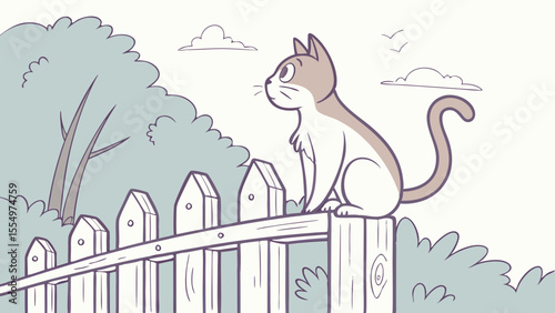 A cartoon cat sitting on a wooden fence with trees and clouds in the background looking to the right