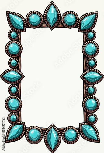 An elegant vertical rectangular frame with an Art Nouveau feel, beautifully adorned with polished turquoise cabochons set in ornate bronze for a vintage design.
