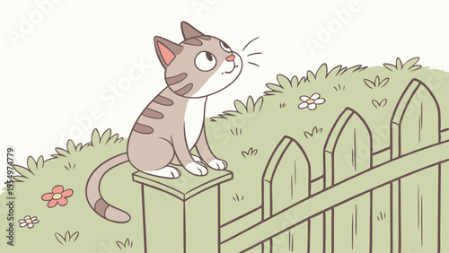 A cartoon cat with stripes sitting on a fence post looking up in a yard with flowers and grass around