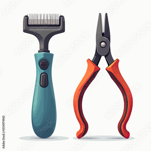 An illustration of a versatile toolset featuring a pet shedding rake and a pair of needle-nose pliers, representing both home DIY and pet care tasks.

