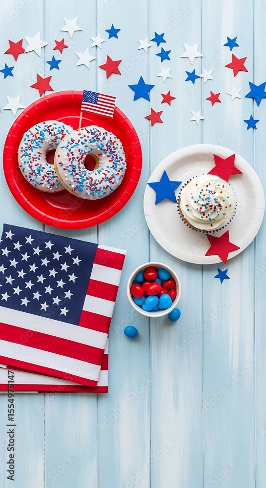 Obraz premium Patriotic donuts and cupcake with American flag and stars image