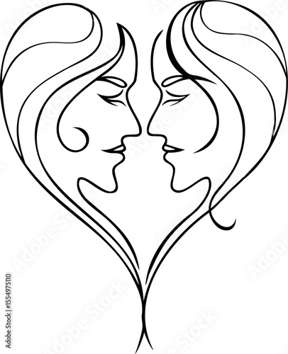 Two faces in profile forming a heart shape with flowing hair closed eyes in lines