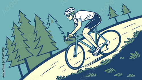A cyclist rides a bicycle on a path with trees and bushes in the background on a sunny day outdoors