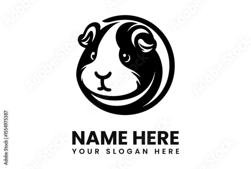 A black and white illustration of a guinea pig inside a circular frame.