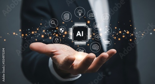 Man in Dark Suit Presenting A I Microchip Concept with Network Connections and Icons artificial intelligence