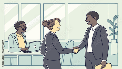 Illustration of two business people shaking hands in an office while another works on a laptop near by