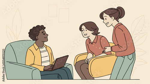 Three people in a living room setting, one using a laptop while the others are talking and smiling