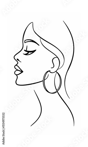 Continuous line drawing of a woman's profile with closed eyes hoop earring face side