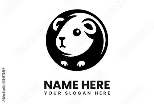 Simple black and white guinea pig logo design in a circle.