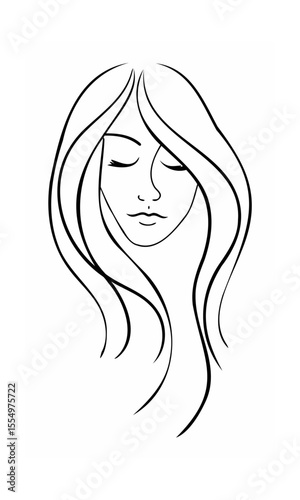 Continuous line drawing of a woman's face with closed eyes flowing hair on background
