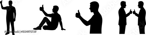 Silhouettes of a man in various poses, including standing, sitting, giving thumbs up, and interacting with another person.