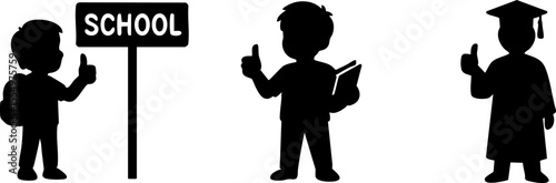 Silhouettes of a child with backpack, a student giving thumbs up with a book, and a graduate in cap and gown.