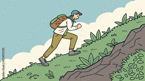 A man with a backpack is climbing up a grassy hill under a bright sky with fluffy clouds in the background
