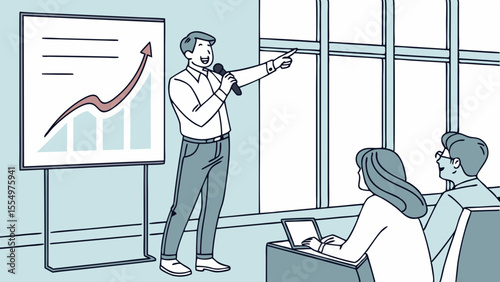 Man presenting growth chart to audience near window in office setting with laptop on desk and chairs