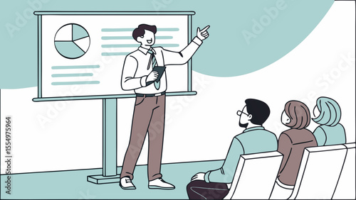 A presenter giving a presentation with a pie chart to an audience in a light blue and white room area