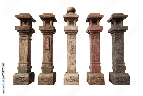 Fototapeta Naklejka Na Ścianę i Meble -  Five detailed wooden japanese temple pillars asian style design 3d red old on transparent background