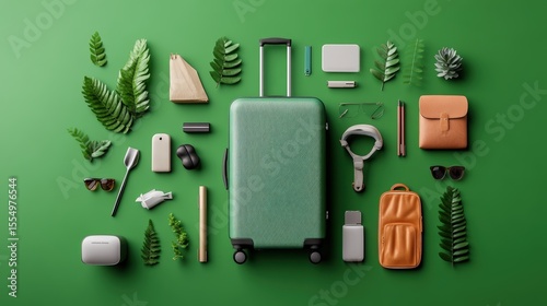 Modern travel luggage with travel accessories and tropical plants arranged flat lay on green background