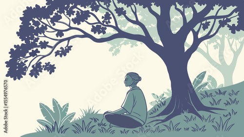 A woman is meditating under a large tree with a full canopy in a serene outdoor setting illustration