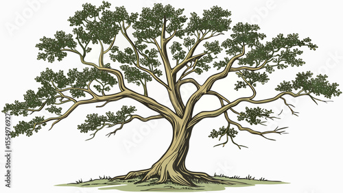 Illustration of a large tree with a thick trunk and many branches covered in dense green foliage seen from below