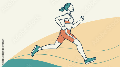 Illustration of a woman running with a ponytail wearing athletic gear on a wavy background design