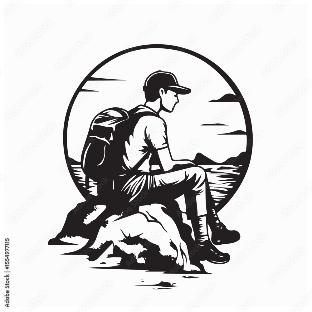 Fototapeta premium Hikers resting at a scenic viewpoint overlooking a valley image vector isolated on white background