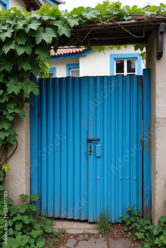 Blue Metal Gate of a Ukrainian Countryside House