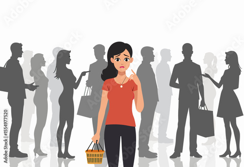 A woman with social anxiety feels sad and overwhelmed while shopping alone in a crowded store, surrounded by silhouettes of other people, illustrating mental health struggles.

