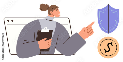 Confident woman with clipboard gestures toward shield and coin. Ideal for business, finance, security, decision-making, trust, protection, leadership in simple flat metaphor