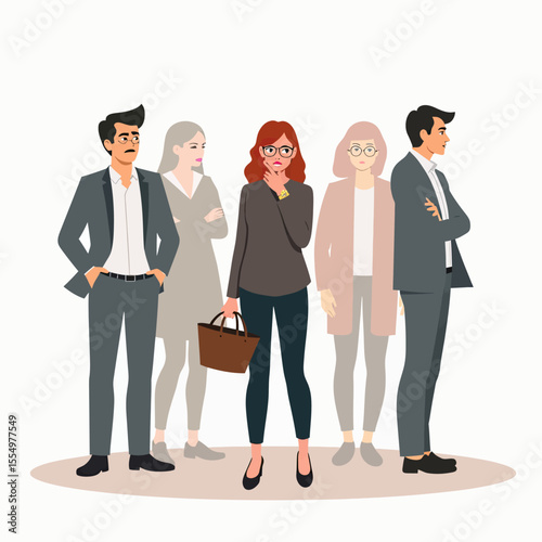 An illustration of a young woman experiencing social anxiety and feeling judged by her professional colleagues in a stressful corporate environment.
