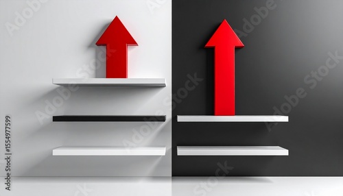Two Red Up Arrows on Racks on black and white split background,  isolated, original graphic design, set, couple, up, upwards, contrasting colors, vibrant, success, growth, progress, competition
