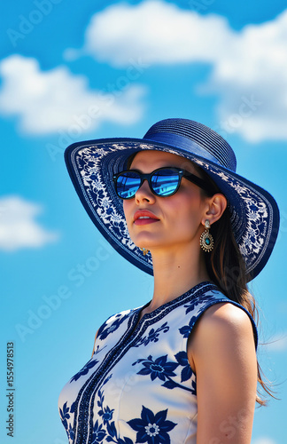 Woman in floral outfit and hat, blue sky background
