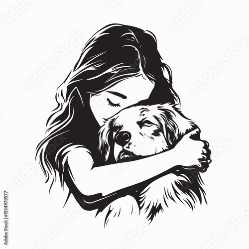 Young Girl Lovingly Hugging Her Loyal Dog as Her True and Faithful Best Friend