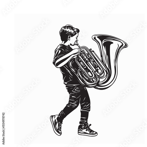 Happy Boy Play Festival Music with Tuba during Parade Marching image vector isolated on white background.
