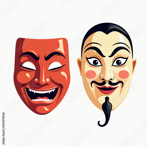 A pair of traditional Asian performance masks, one a vibrant red character and the other a refined male role, illustrating the art and culture of Chinese opera.
