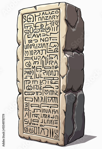 An ancient, weathered stone stele illustration, intricately carved with mysterious runes and symbols, representing a lost language or a fantasy world artifact.

