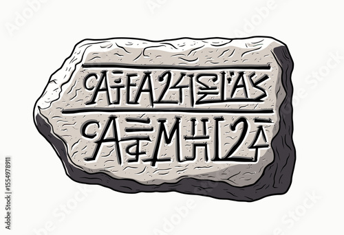 An ancient, weathered stone tablet illustration with mysterious carved runes or an alien script, representing a historical artifact or a fantasy prophecy.
