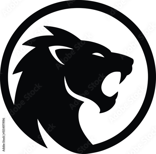 Silhouette roaring lion head in circle emblem Vector illustration