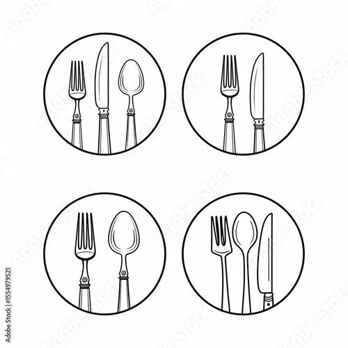 Cutlery Icon Set – Fork, Spoon, Knife Outline Vector Illustration for  Logos app icon