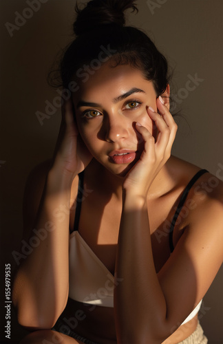 Woman in bun, warm sunlight, soft minimal background portrait