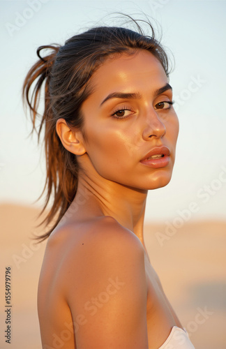 Woman with loose ponytail, golden hour, pale blue sky