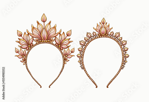 A beautiful pair of fantasy-inspired floral tiaras, intricately designed with delicate pink lotus blossoms and pearls for an ethereal, magical, and elegant look.
