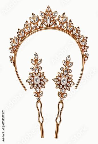 A luxurious bridal jewelry set featuring a delicate gold tiara and matching earrings, exquisitely adorned with sparkling white crystals for a glamorous wedding day look.
