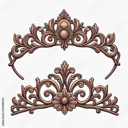 A set of ornate, vintage-style carved bronze illustrations, featuring floral scrollwork that can be used as a tiara, frame, or decorative furniture molding.

