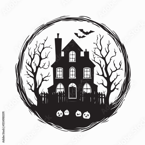 Haunted Old House Surrounded by Ghostly Figures and Dry Trees at Night