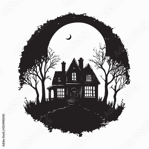 Haunted Old House Surrounded by Ghostly Figures and Dry Trees at Night
