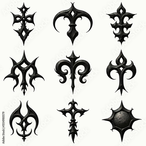 A collection of nine 3D rendered dark forged metal symbols, with gothic crosses and fleur-de-lis, ideal for medieval fantasy game UI or heraldic emblems.
