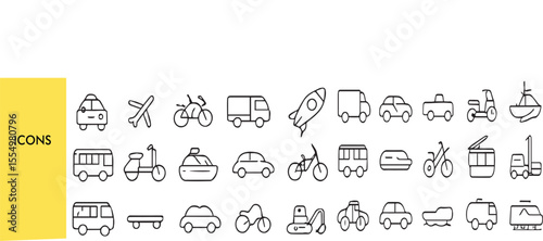 Transportation Line Icons – Cars, Trains, Ships, Planes & More – Thin Black Line Vector Set