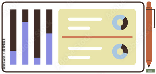Bar charts, pie charts, and text align in a business report format. Ideal for business, data analysis, presentations, education, marketing, strategy planning and simple flat metaphor