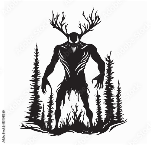 Mysterious Wendigo Creature Wandering Through the Eerie Forest in a Spooky Silhouette Illustration