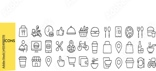 Food Delivery Icons - Courier, Contactless, Fast Food - Thin Line Vector Set